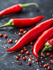 Poster - Vibrant Red Chilies Sprawled Across a Dark Rustic Surface with Sprinkle of Spices : Generative AI
