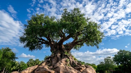 Poster - A majestic ancient tree stands proudly amidst a bright blue sky adorned with fluffy clouds : Generative AI