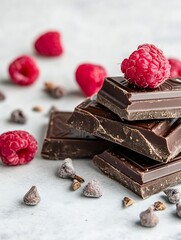 Poster - Rich Dark Chocolate Bars Stacked with Fresh Raspberries and Chocolate Chips on Gray Surface : Generative AI