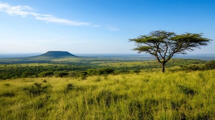Poster - Stunning panoramic view of lush green hills and a flattopped mountain under a bright blue sky : Generative AI