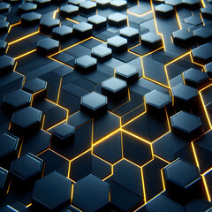 Poster - Hexagonal shapes and glowing lines create a futuristic, geometric pattern in a dark, sleek design. Generative AI