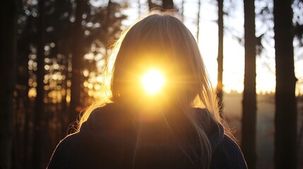 Poster - Silhouette of a woman standing in a forest at sunset with sunlight shining behind her head : Generative AI