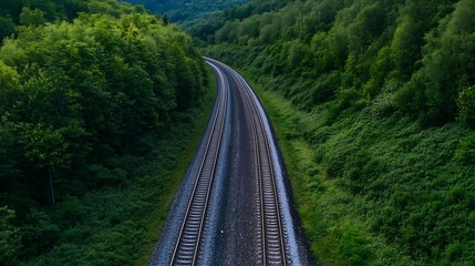 Poster - Curving railway track lined with dense green trees depicting the picturesque journey through nature : Generative AI