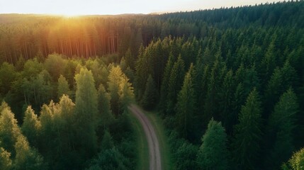 Aufkleber - Aerial View of Lush Green Forests with Sunlight Filtering Through Trees : Generative AI