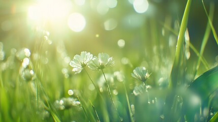 Poster - Beautiful sunlight illuminating delicate wildflowers in a lush green meadow creating a serene atmosphere : Generative AI