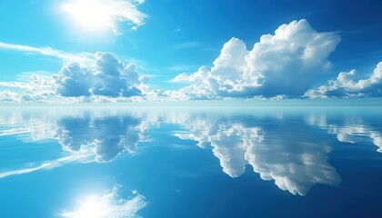 Aufkleber - Serene ocean reflecting fluffy clouds under a bright sun on a clear day