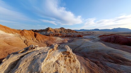 Poster - Stunning panoramic view of a unique desert landscape showcasing vibrant colors and textured terrain in natural light : Generative AI