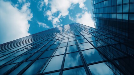 Poster - Towering skyscrapers reflecting a stunning blue sky with scattered clouds in an urban setting : Generative AI