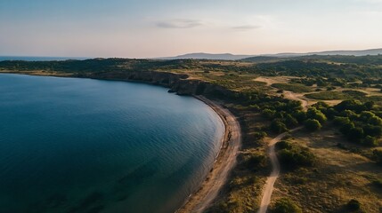 Aufkleber - Aerial View of Tranquil Beach with Clear Blue Water and Greenery on a Sunny Day : Generative AI