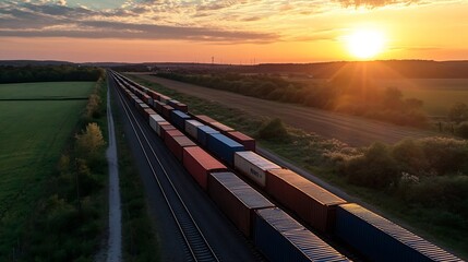 Aufkleber - Scenic view of colorful freight train containers during stunning sunset over a tranquil landscape : Generative AI