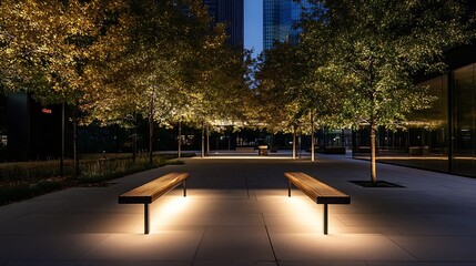 Poster - Illuminated urban park scenery at night showcasing benches surrounded by vibrant autumn foliage : Generative AI