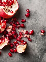 Poster - Fresh Pomegranate Pieces Spilled on a Dark Stone Surface with Seeds and Juicy Flesh : Generative AI