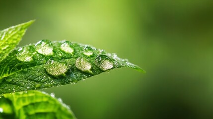 Poster - Macro shot of fresh green leaf covered in droplets of water reflecting soft light in nature : Generative AI