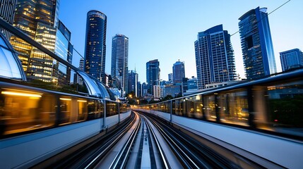 Poster - Dramatic Urban Sunset with Skyscrapers and Train Tracks Captured in a Dynamic Perspective : Generative AI
