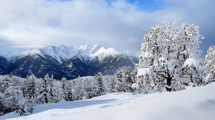 Aufkleber - Beautiful winter landscape showcasing snowcovered mountains and a serene tree under cloudy sky : Generative AI