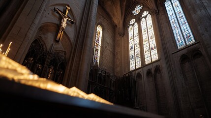 Aufkleber - Beautifully Lit Gothic Interior with Stained Glass Windows and a Crucifix in a Historic Cathedral : Generative AI