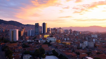 Aufkleber - Stunning Sunset Over a Bustling Cityscape Captured in Vibrant Colors : Generative AI