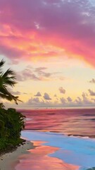 Wall Mural - vertical 9:16 a vibrant tropical beach with colorful pink and orange hues of sunset reflecting off c