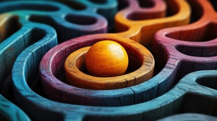 Ball in a colorful wooden maze, complex path background, problem-solving concept