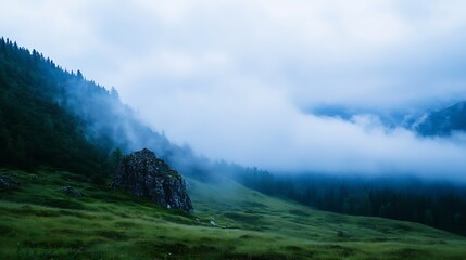 Poster - Misty mountain landscape with lush greenery and clouds creating a serene peaceful atmosphere in nature : Generative AI