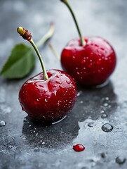 Poster - Fresh and Juicy Cherries with Water Drops on Dark Surface Showing Organic Beauty and Natural Freshness : Generative AI