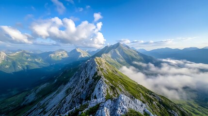 Aufkleber - Stunning mountain vista with lush greenery and dramatic clouds under a bright blue sky : Generative AI