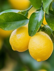 Poster - Ripening Bright Yellow Lemons Hanging on Lush Green Citrus Tree Branches Outdoors : Generative AI