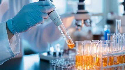 Poster - Scientist conducting an experiment in a lab using glass pipette with colorful liquids in test tubes : Generative AI