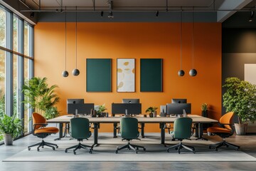 Aufkleber - Modern office workspace with large windows and collaborative desk layout during a sunny afternoon
