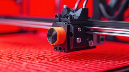 Poster - A close-up of a D printer extruder melting filament onto a build plate against a bright red backdrop.