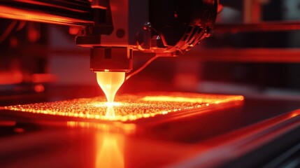 Poster - A close-up of a D printer extruder melting filament onto a build plate against a bright red backdrop.