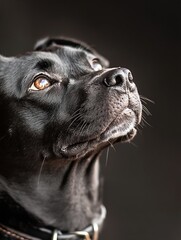Poster - Black dog gazing thoughtfully with bright eyes showcasing its features against a dark backdrop : Generative AI