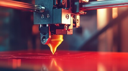 Poster - A close-up of a high-speed D printer layering filament precisely on a deep ruby red backdrop.