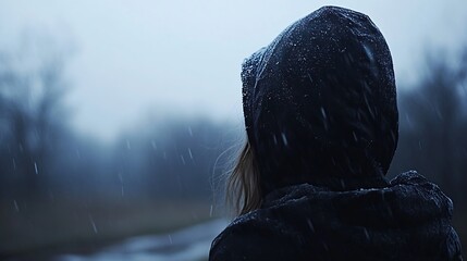 Aufkleber - Lonely figure standing in the rain wearing a dark hooded coat looking into a gloomy distance : Generative AI