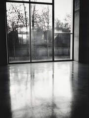 Aufkleber - Modern minimalist interior featuring large glass windows reflecting the serene outdoor scenery : Generative AI