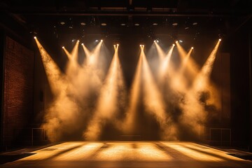 Poster - Illuminated theater stage with smoke and bright lights, ready for performance at night