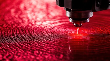 Poster - A close-up of a high-speed D printer layering filament precisely on a deep ruby red backdrop.