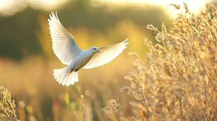 Poster - Graceful white dove in flight captured against a beautiful golden sunset backdrop with soft lighting : Generative AI