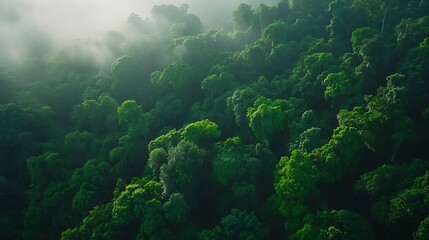 Poster - Aerial view of a dense tropical forest enveloped in morning mist highlighting the biodiversity present : Generative AI