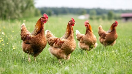 Poster - Four lively chickens roaming freely in a lush green field under a cloudy sky : Generative AI