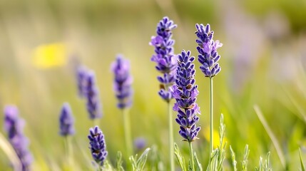Poster - Vibrant Lavender Blossoms in a Sunny Meadow Surrounded by Soft Green Grass and Colorful Wildflowers : Generative AI