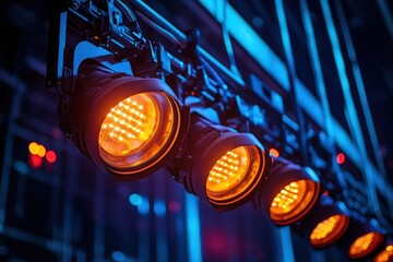Fototapete - Lighting equipment illuminates a dynamic stage setup in a performance venue with vibrant red and orange hues during an evening event