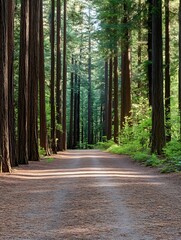 Aufkleber - Scenic pathway through towering trees in a lush green forest : Generative AI