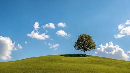 Aufkleber - Solitary tree on a rolling hill with a bright blue sky dotted with fluffy clouds creating a peaceful landscape : Generative AI