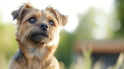 Poster - Closeup of a curious small dog with bright fur gazing attentively at its surroundings outdoors : Generative AI