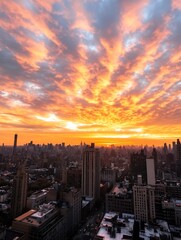 Aufkleber - Breathtaking sunset view over a bustling city skyline with dramatic clouds reflecting vibrant colors : Generative AI