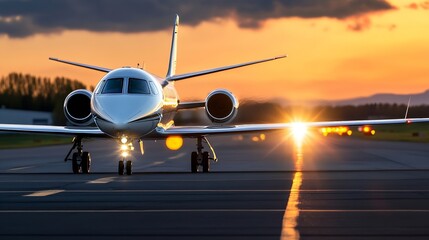 Poster - Luxurious Private Jet on the Runway with Golden Sunset Background : Generative AI