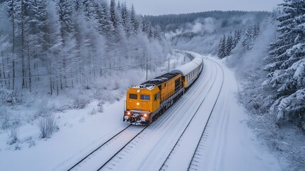 Aufkleber - Snowy winter landscape with a yellow train traveling through the forest showcasing beautiful scenery : Generative AI