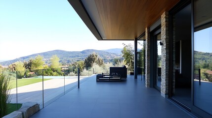 Aufkleber - Modern home with sleek design featuring outdoor lounge area and stunning mountain views : Generative AI
