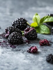 Poster - Fresh ripe blackberries arranged beautifully on a slate background surrounded by vibrant green mint leaves : Generative AI